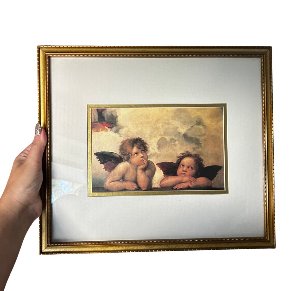 Raphael Framed Art Print Small Gold Sistine Madonna Cherubs Angel Decor 13 x 15"